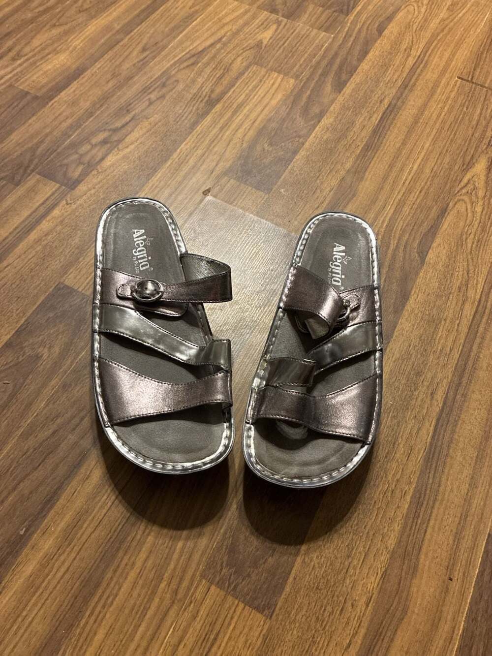 Alegria Collette Metallic Leather Double Buckle Comfort Slide Sandals